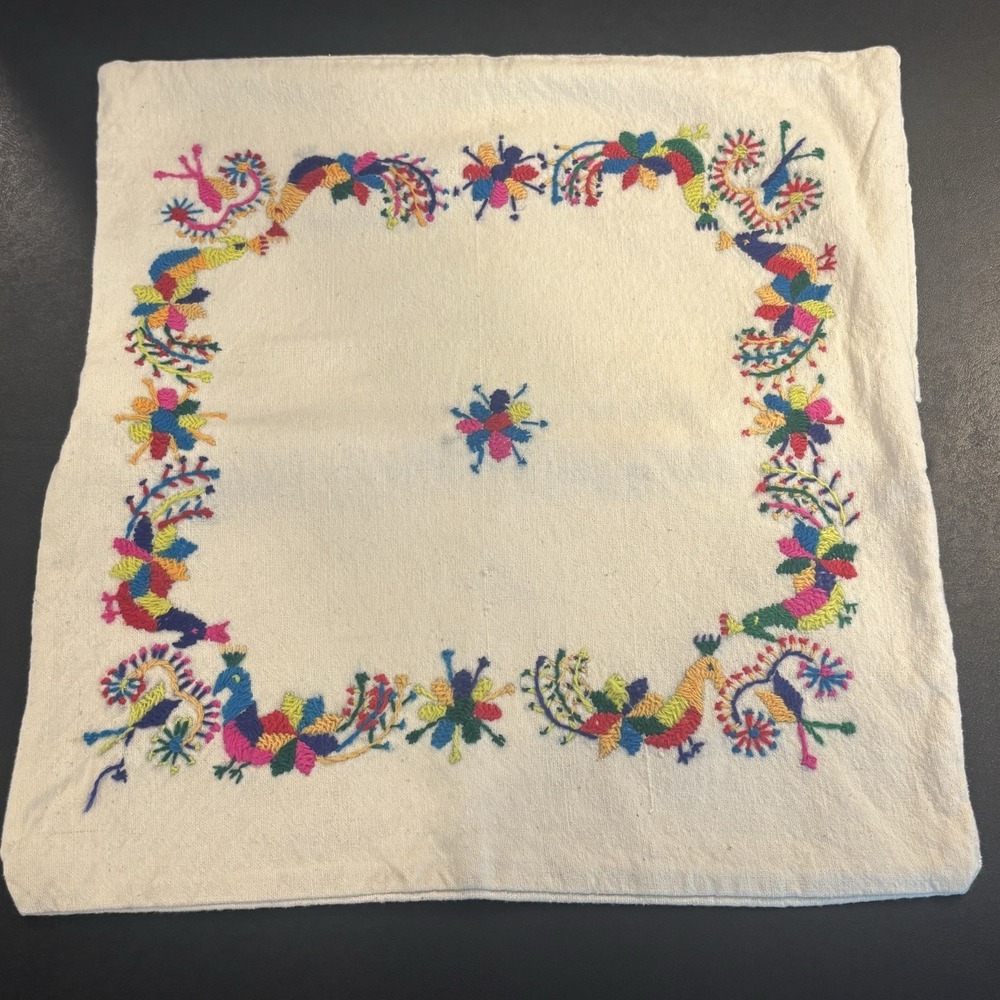 Handmade Embroidered Colorful Pillowcase Cover Floral Bird Unique 16"‎ X 16"